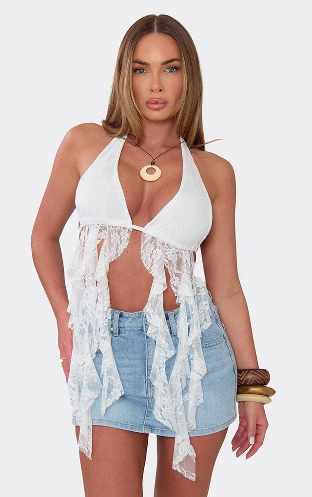 EGO Halterneck Ruffle Tassel Hem Top In White Lace, Women's Size UK 6 - 2