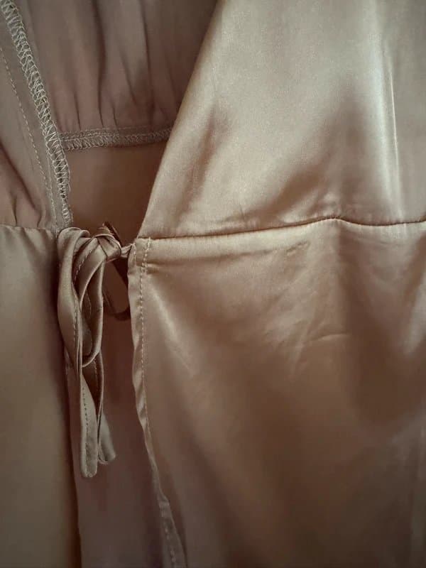 Never Fully Dressed Never Fully Dressed Bronze Satin Wrap Dress – Tie Waist Mini Party Occasion Worn Once