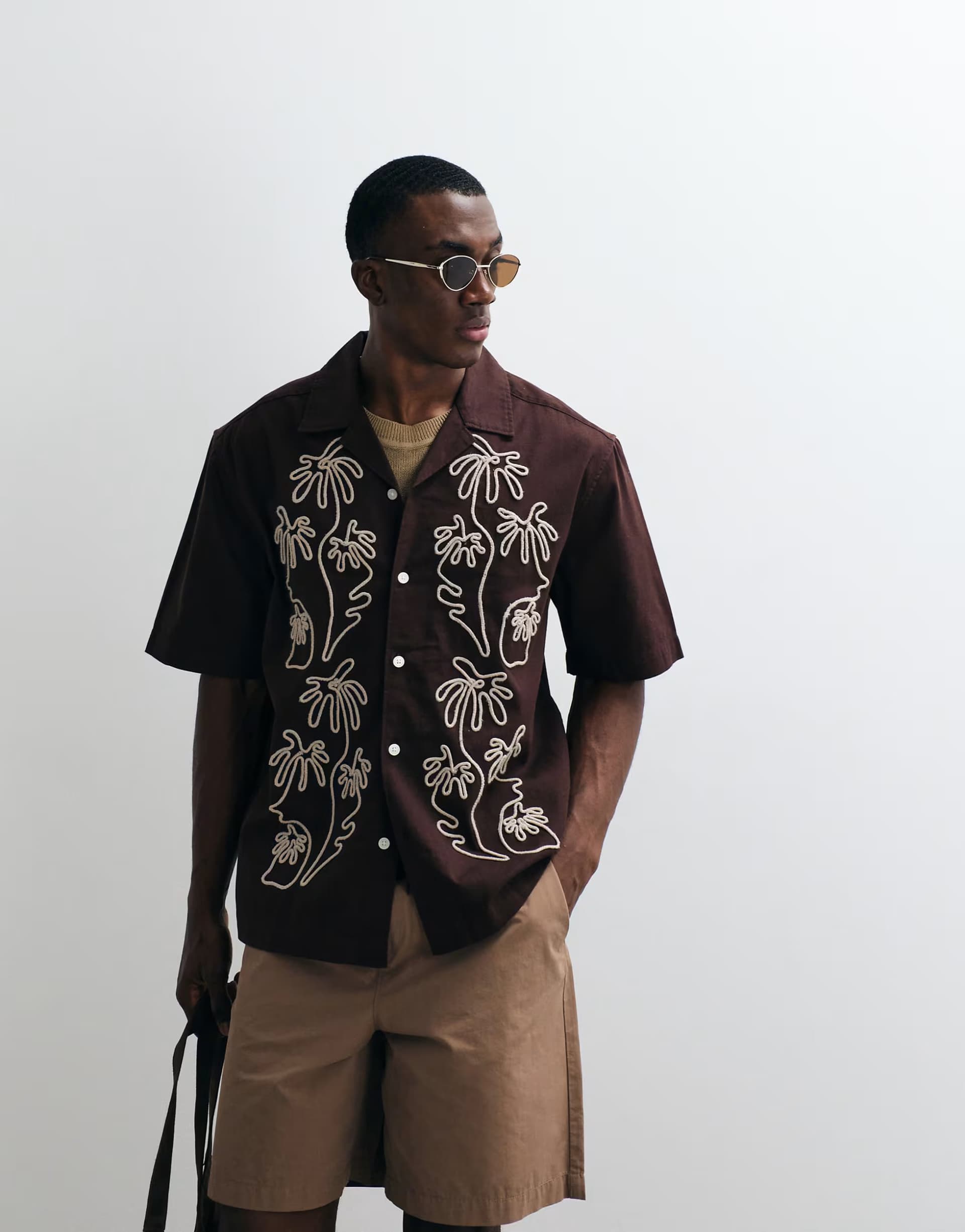 ASOS ONLY & SONS relaxed fit embroidery shirt with resort collar in dark brown