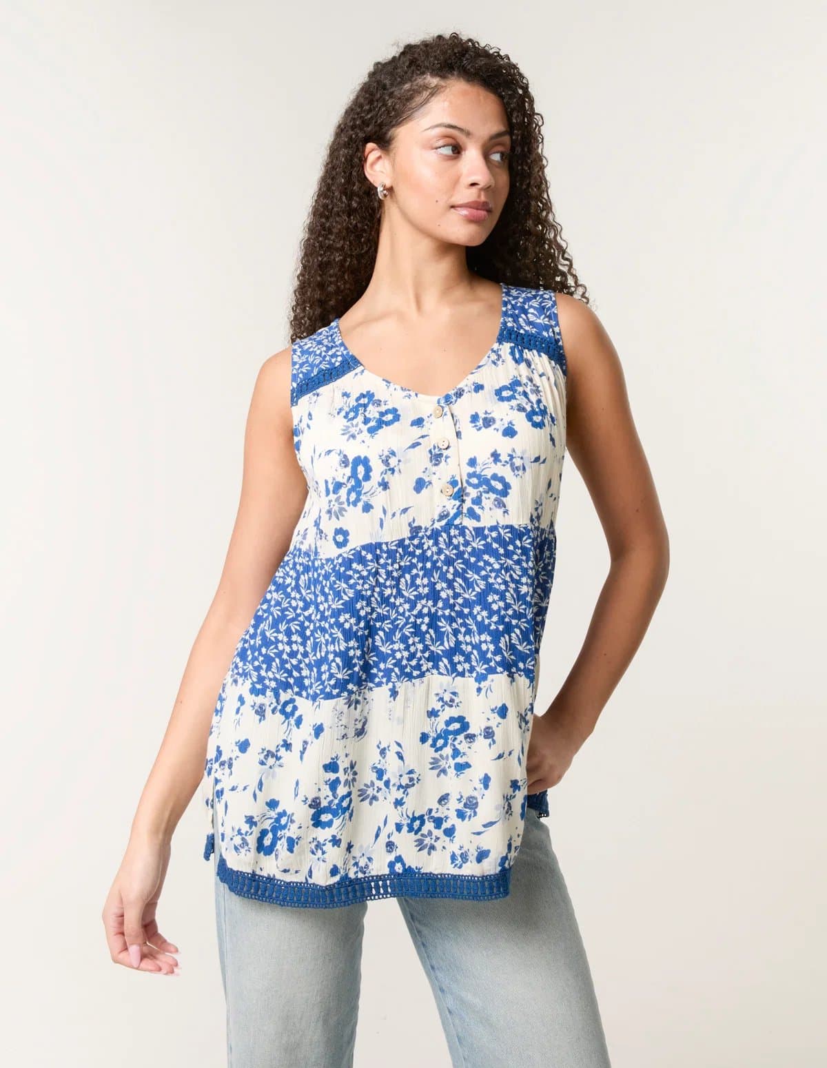 Blue Vanilla Crochet Mix Button Front Top