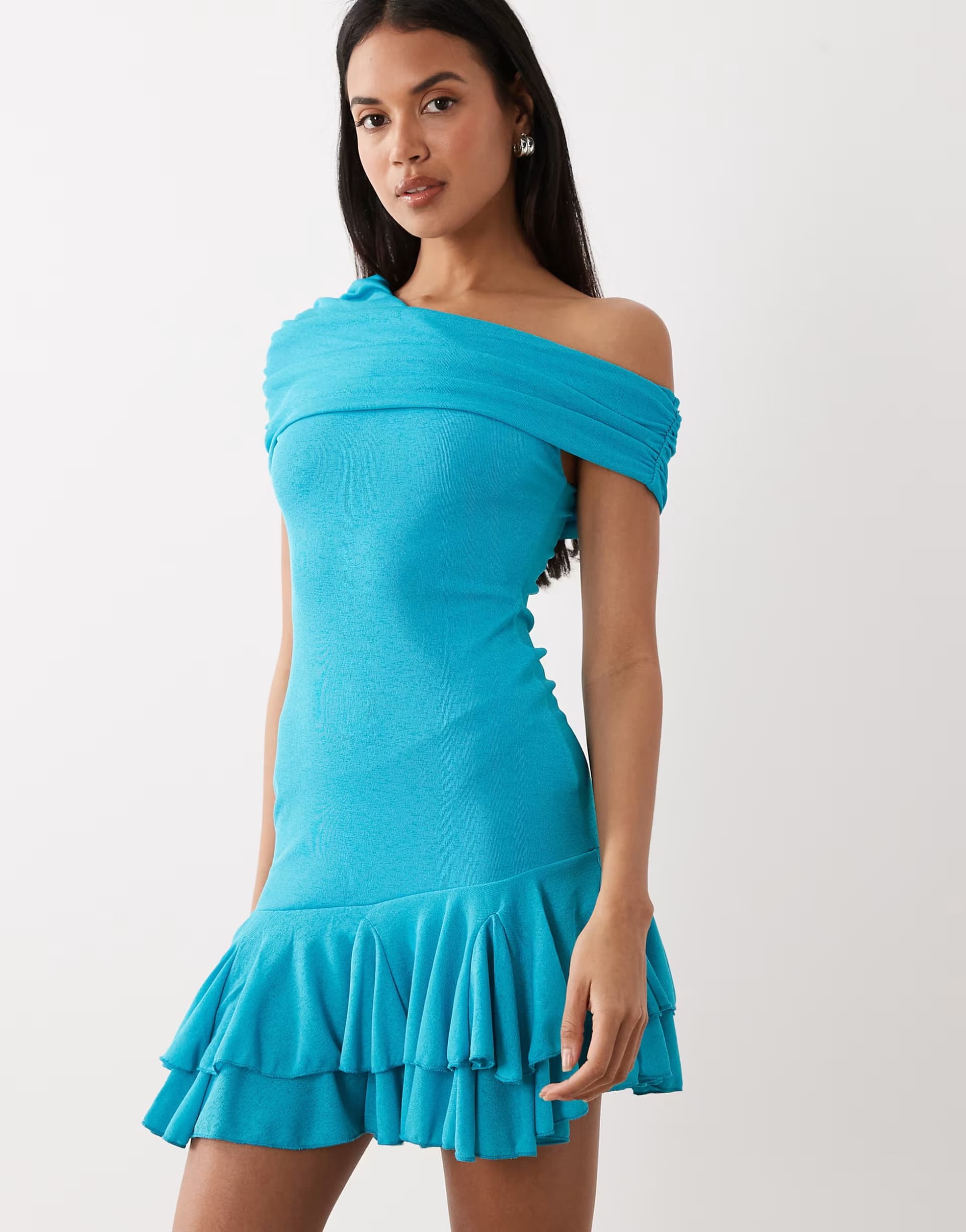 ASOS Kaiia foldover detail off one shoulder asymmetric frill hem mini dress in bright blue