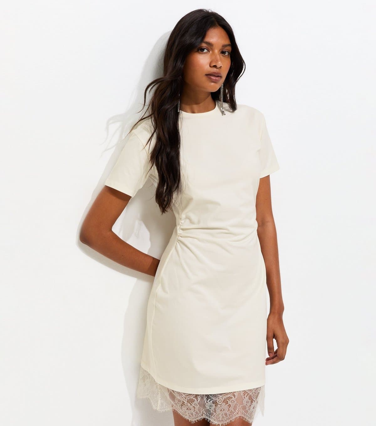 New Look Women's Cream Cotton Rich Ruched Lace Hem T-Shirt Dress New Look