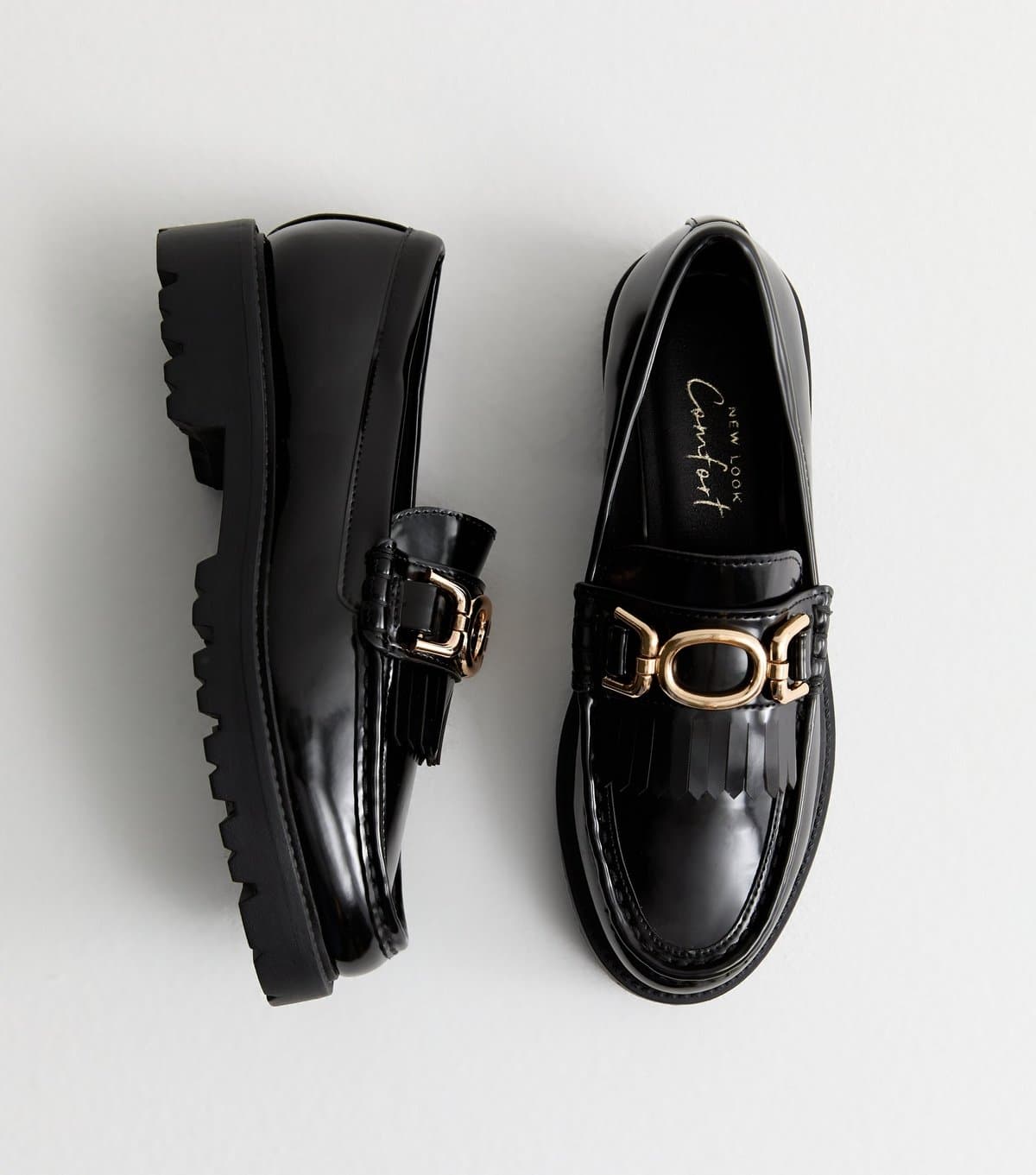 New Look Women's Black Patent Leather-Look Tassel Trim Loafers New Look