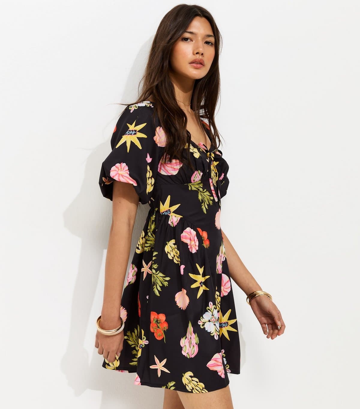 New Look Women's Black Tomato Print Puff Sleeve Mini Dress New Look