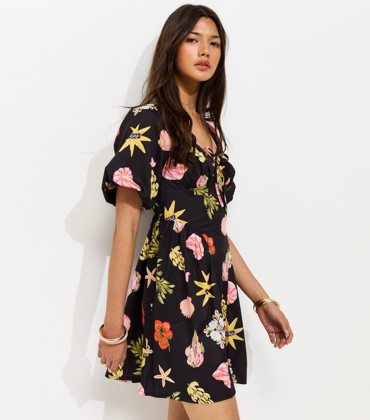 New Look Black Tomato Print Puff Sleeve Mini Dress