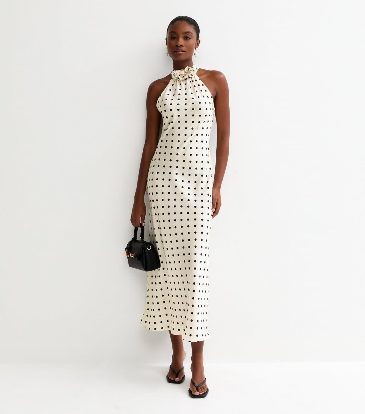 New Look Women's Cream Satin Polka Dot Floral Appliqued Halter Neck Midi Dress New Look