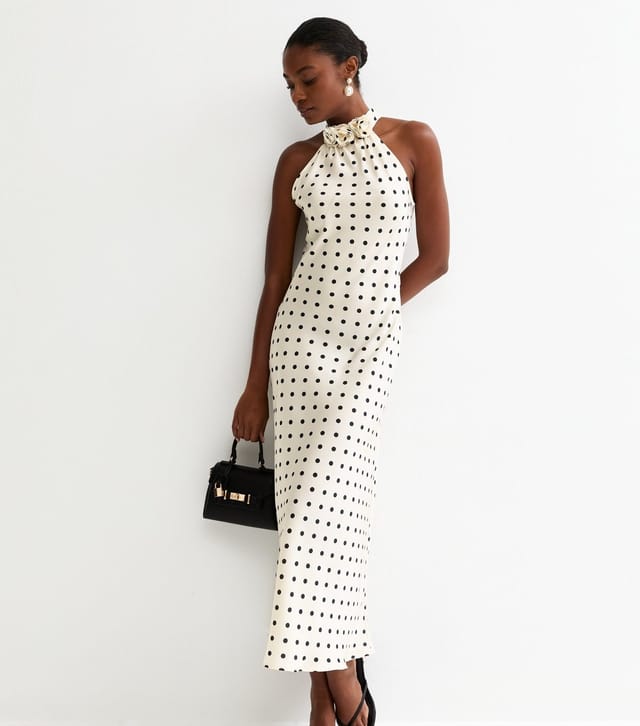 New Look Women's Cream Satin Polka Dot Floral Appliqued Halter Neck Midi Dress New Look - 3
