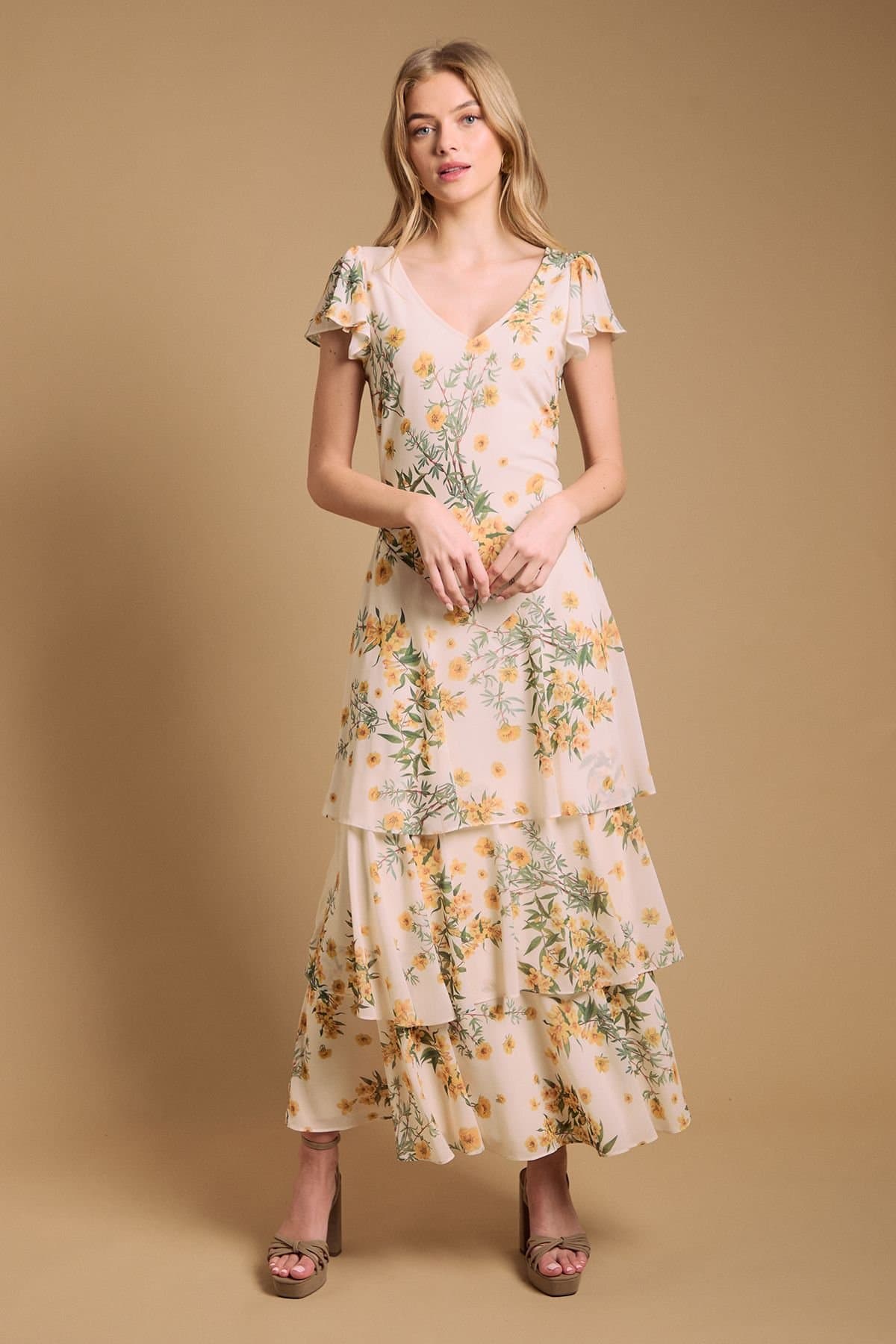 Oasis Oasis Women's Floral Printed Chiffon Ruffle Tiered Maxi Dress in Ivory