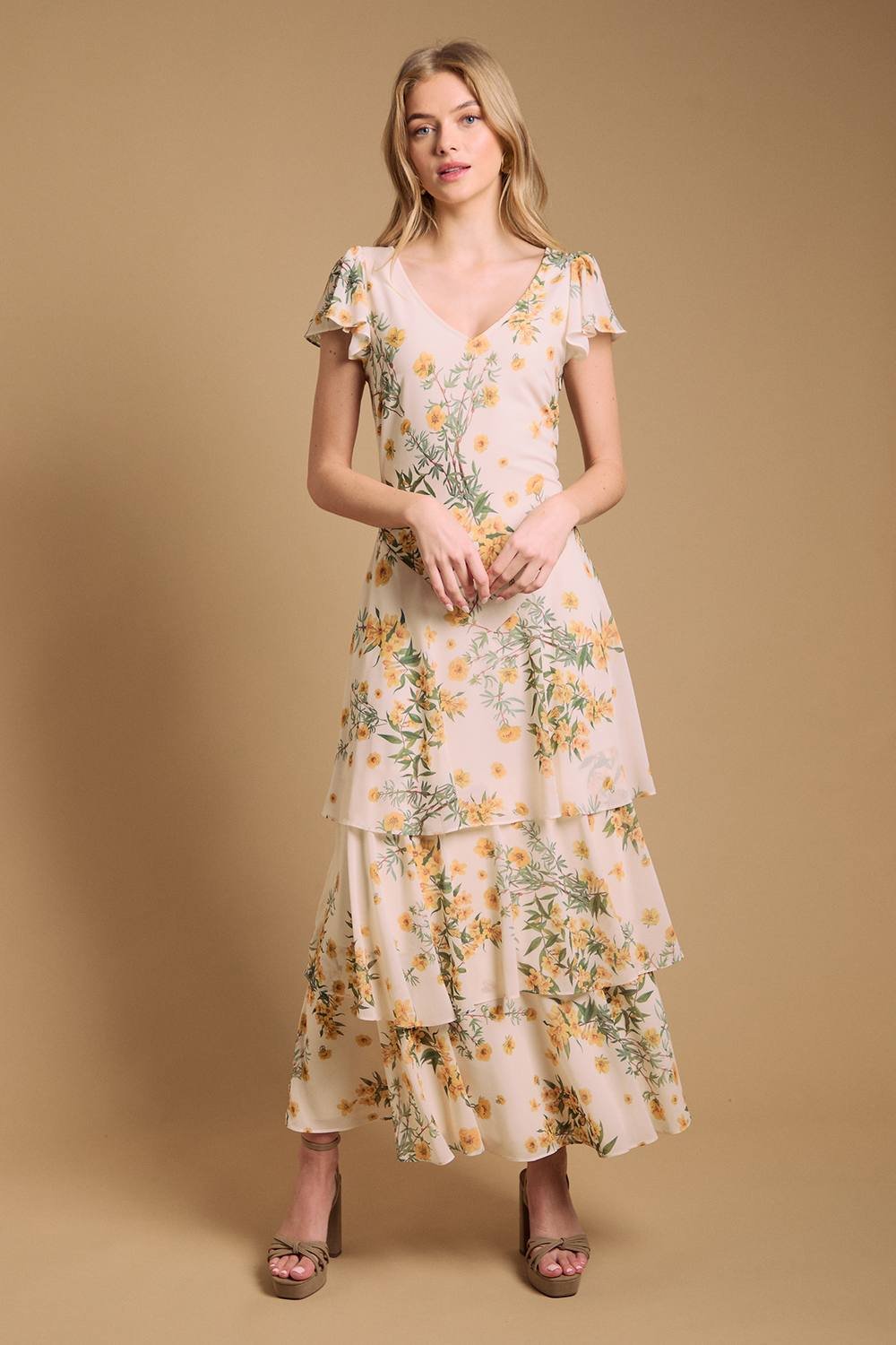 Oasis Oasis Women's Floral Printed Chiffon Ruffle Tiered Maxi Dress in Ivory - 2