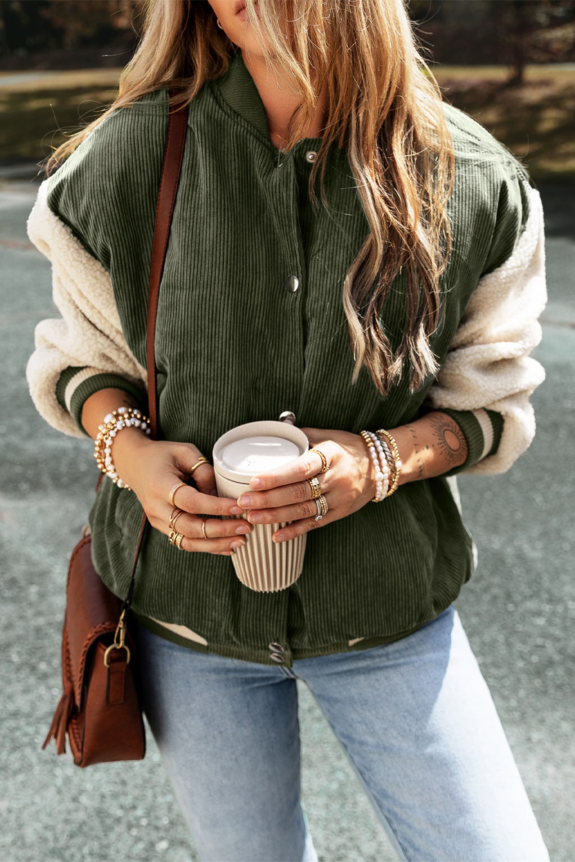 Everyday The Label Everyday The Label Women's Mist Green Corduroy Fleece Patchwork Buttoned Bomber Jacket in Dark Green