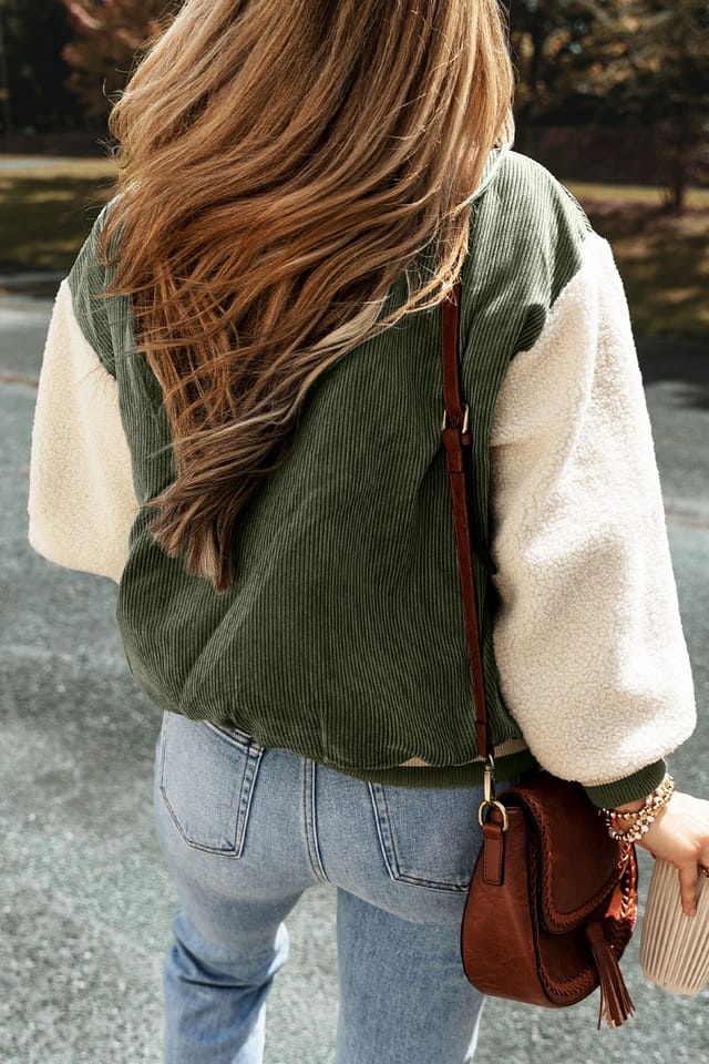 Everyday The Label Everyday The Label Women's Mist Green Corduroy Fleece Patchwork Buttoned Bomber Jacket in Dark Green - 2