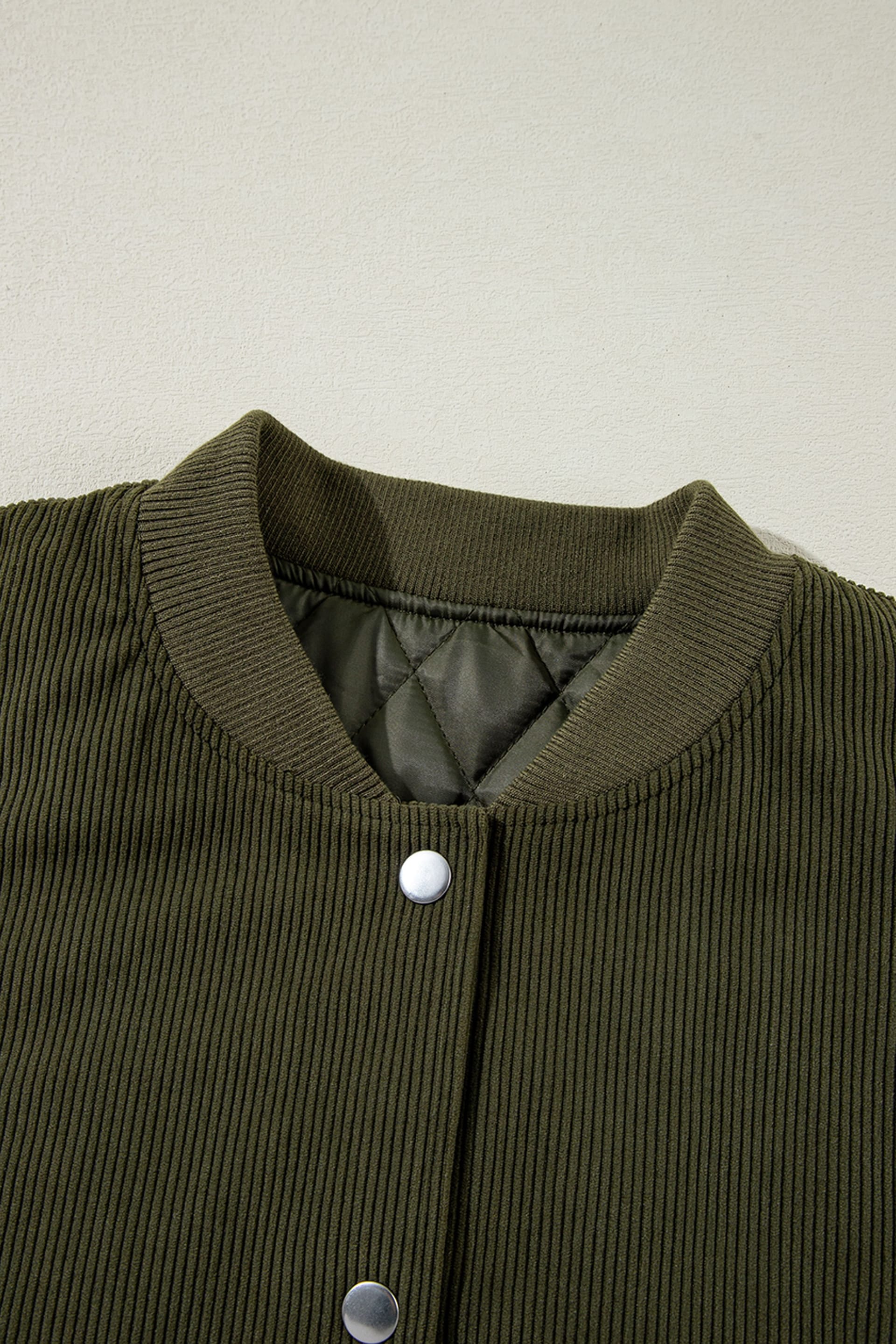 Everyday The Label Everyday The Label Women's Mist Green Corduroy Fleece Patchwork Buttoned Bomber Jacket in Dark Green - 4