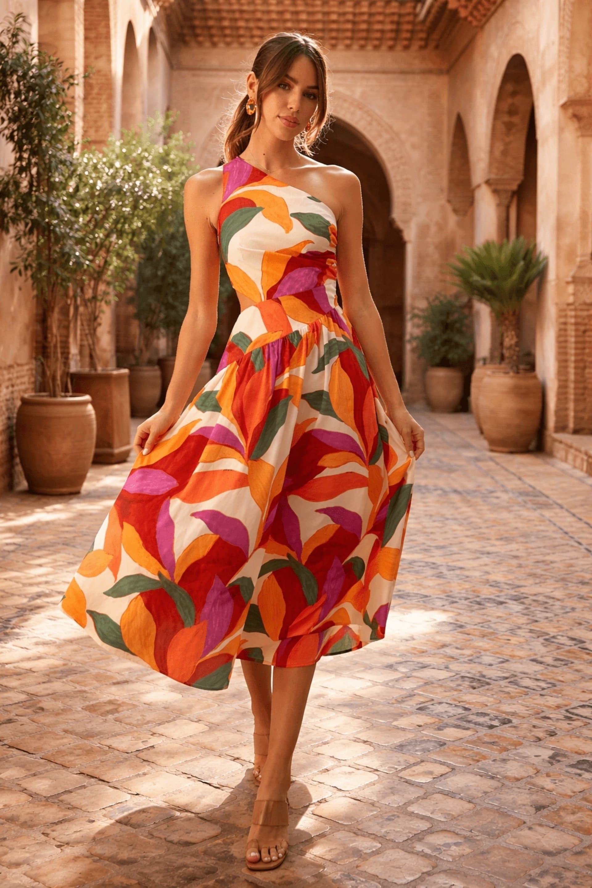 Style Cheat Style Cheat Women's Jasmine One-Shoulder Cut-Out Midi Multi Dress