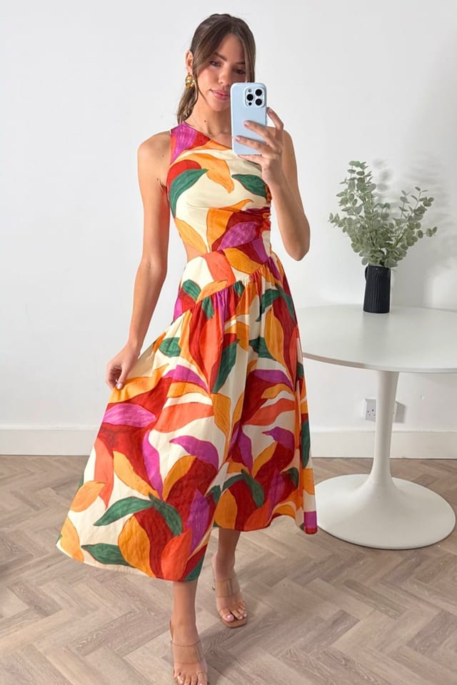 Style Cheat Style Cheat Women's Jasmine One-Shoulder Cut-Out Midi Multi Dress - 2