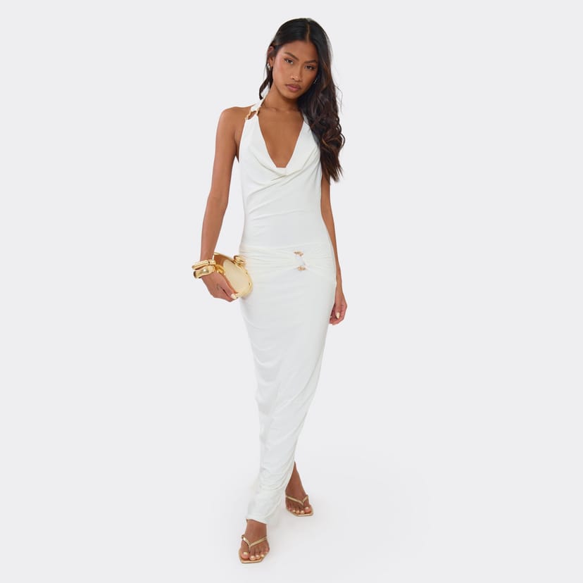 EGO Cowl Front Halterneck Trim Detail Maxi Dress In White, Women's Size UK 6 - 1