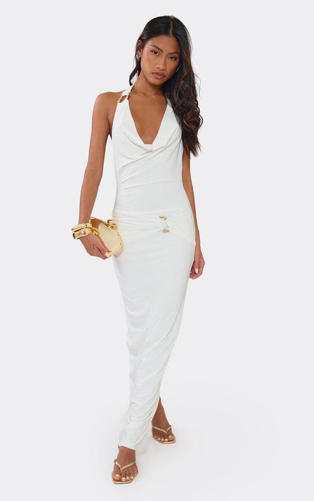 EGO Cowl Front Halterneck Trim Detail Maxi Dress In White, Women's Size UK 6 - 2