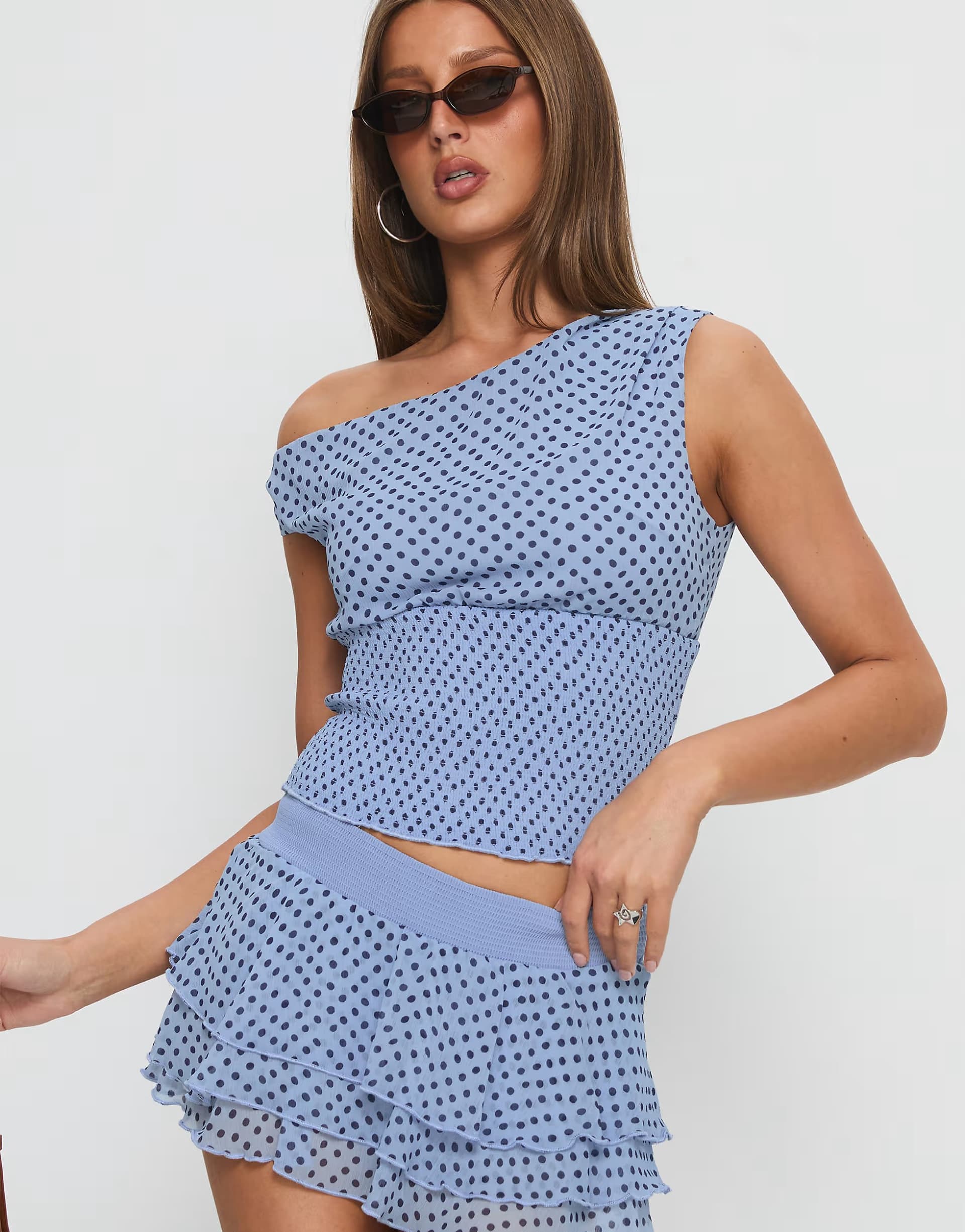 ASOS Princess Polly Ready To Party asymmetric shoulder shirred waist top co-ord in blue polka dot