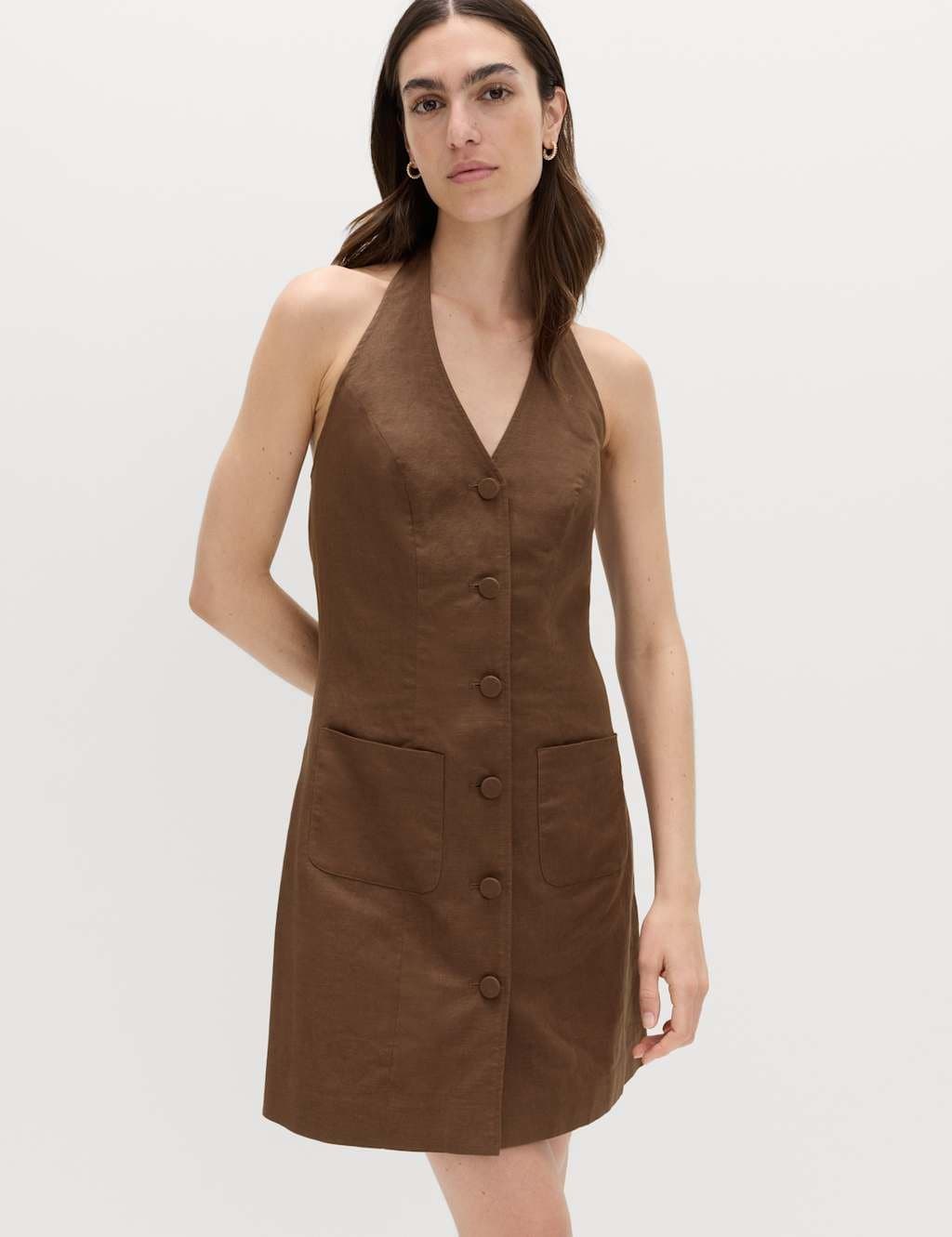 Marks & Spencer M&S Linen Rich Mini Waistcoat Dress Dark Chocolate