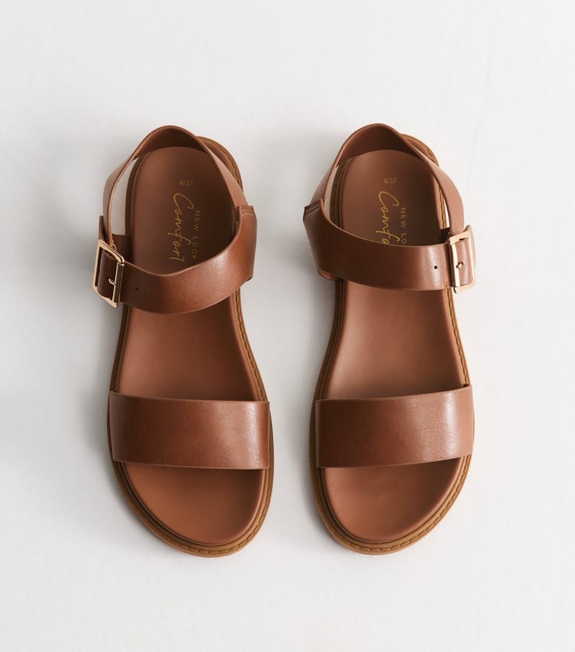 New Look Women's Tan Faux Leather Wide Strap Flat Sandals Vegan New Look - 1