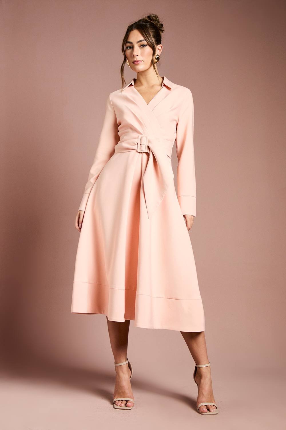 Coast Coast Women's Long Sleeve Belted Crepe Midi Dress in Rose - 1