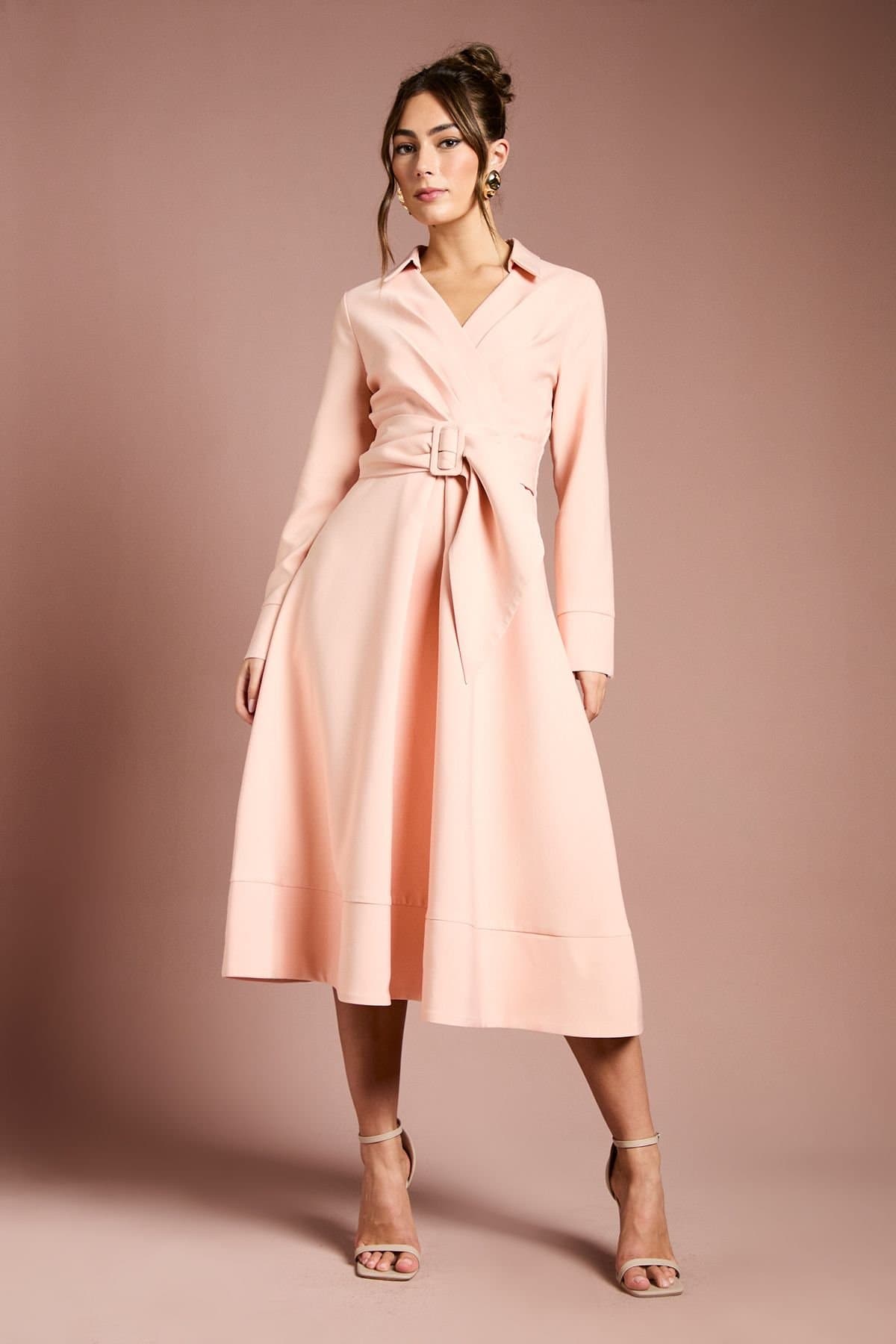 Coast Coast Women's Long Sleeve Belted Crepe Midi Dress in Rose