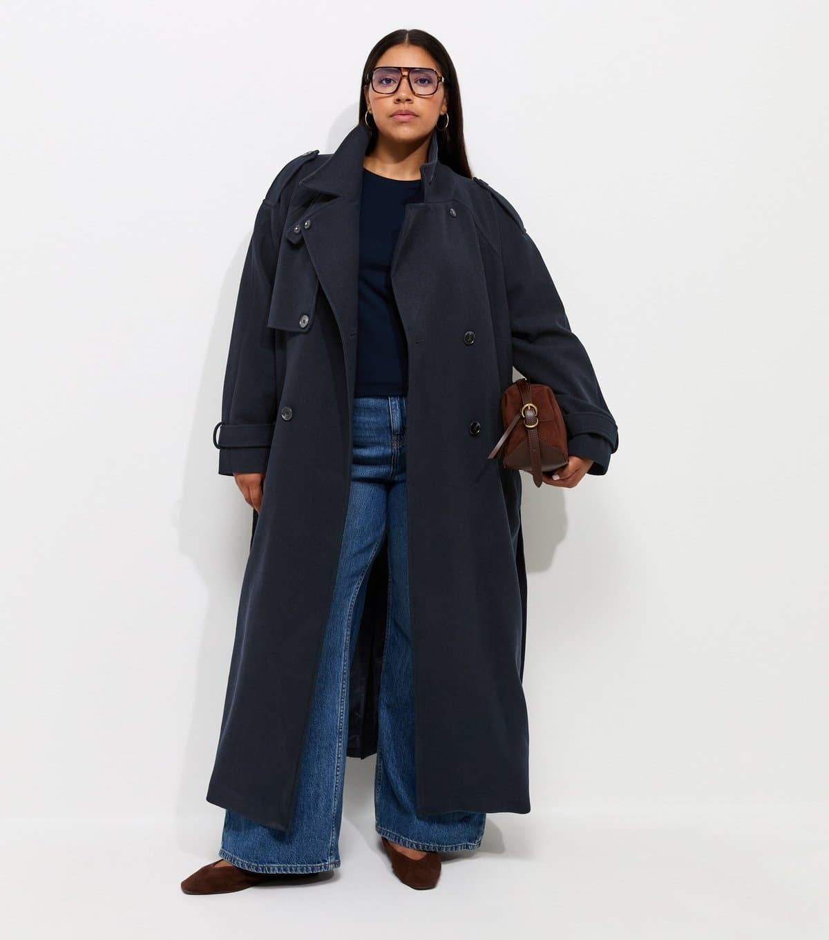 New Look Women's Plus Size Navy Double Breasted Funnel Neck Trench Coat Curves New Look