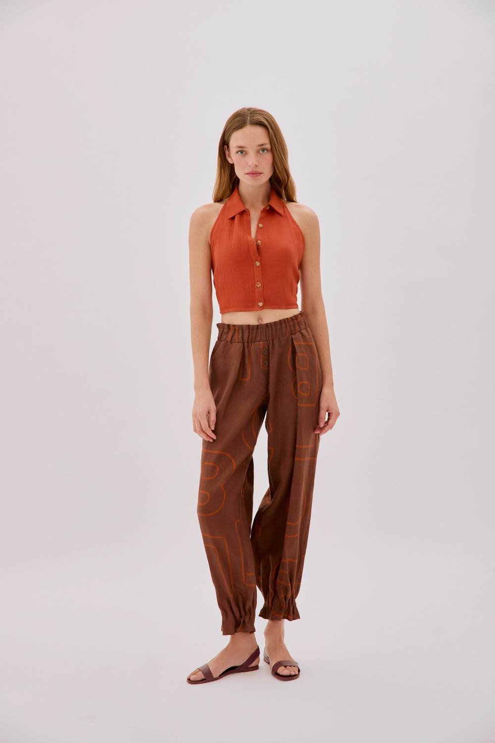 Labeca Labeca Women's Leah Linen Collared Crop Top in Orange - 3