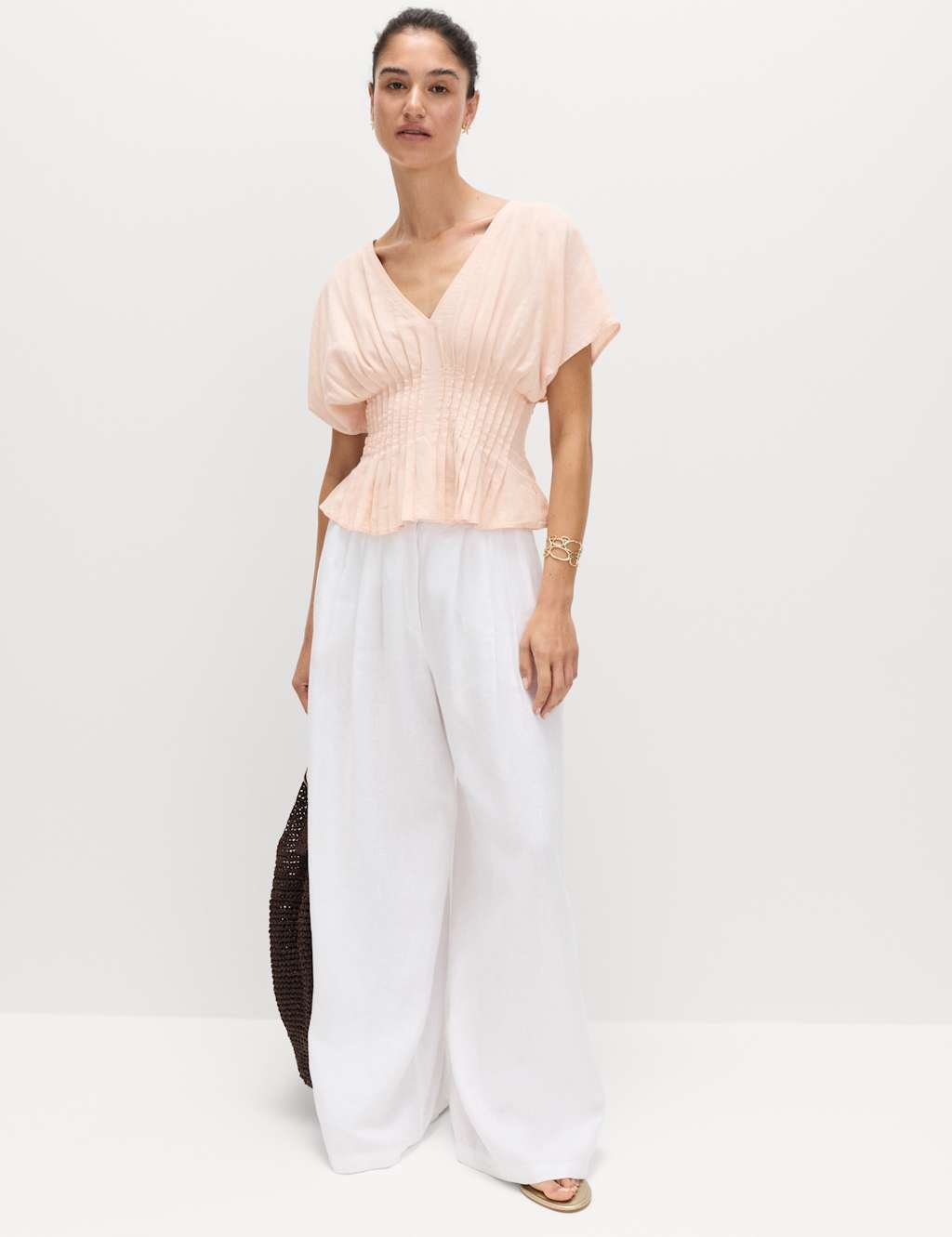 Marks & Spencer M&S Linen Rich Seam Detail Waisted Top Peach - 2