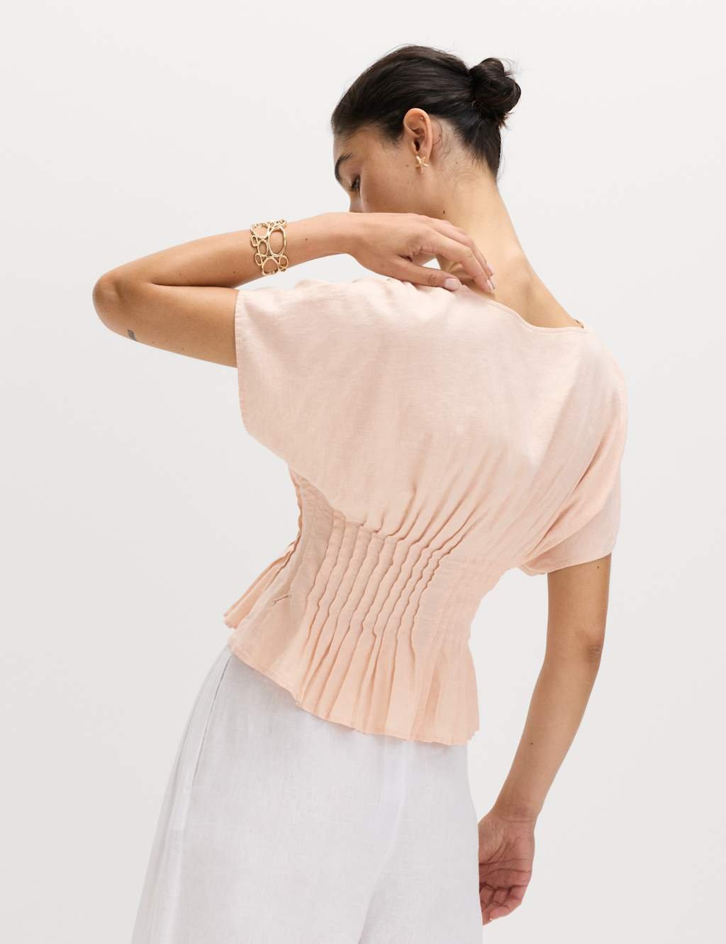 Marks & Spencer M&S Linen Rich Seam Detail Waisted Top Peach - 4