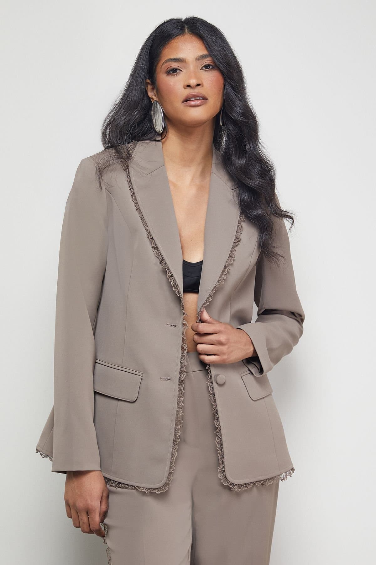 Warehouse Warehouse Women's Oversized Lace Frill Trim Single Breasted Blazer in Mocha