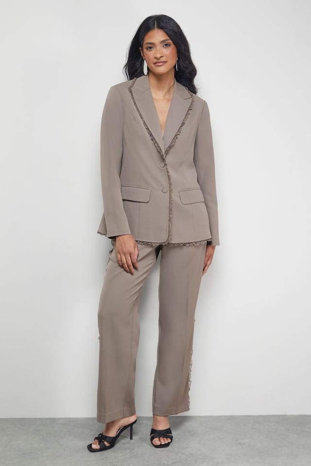 Warehouse Warehouse Women's Oversized Lace Frill Trim Single Breasted Blazer in Mocha - 2