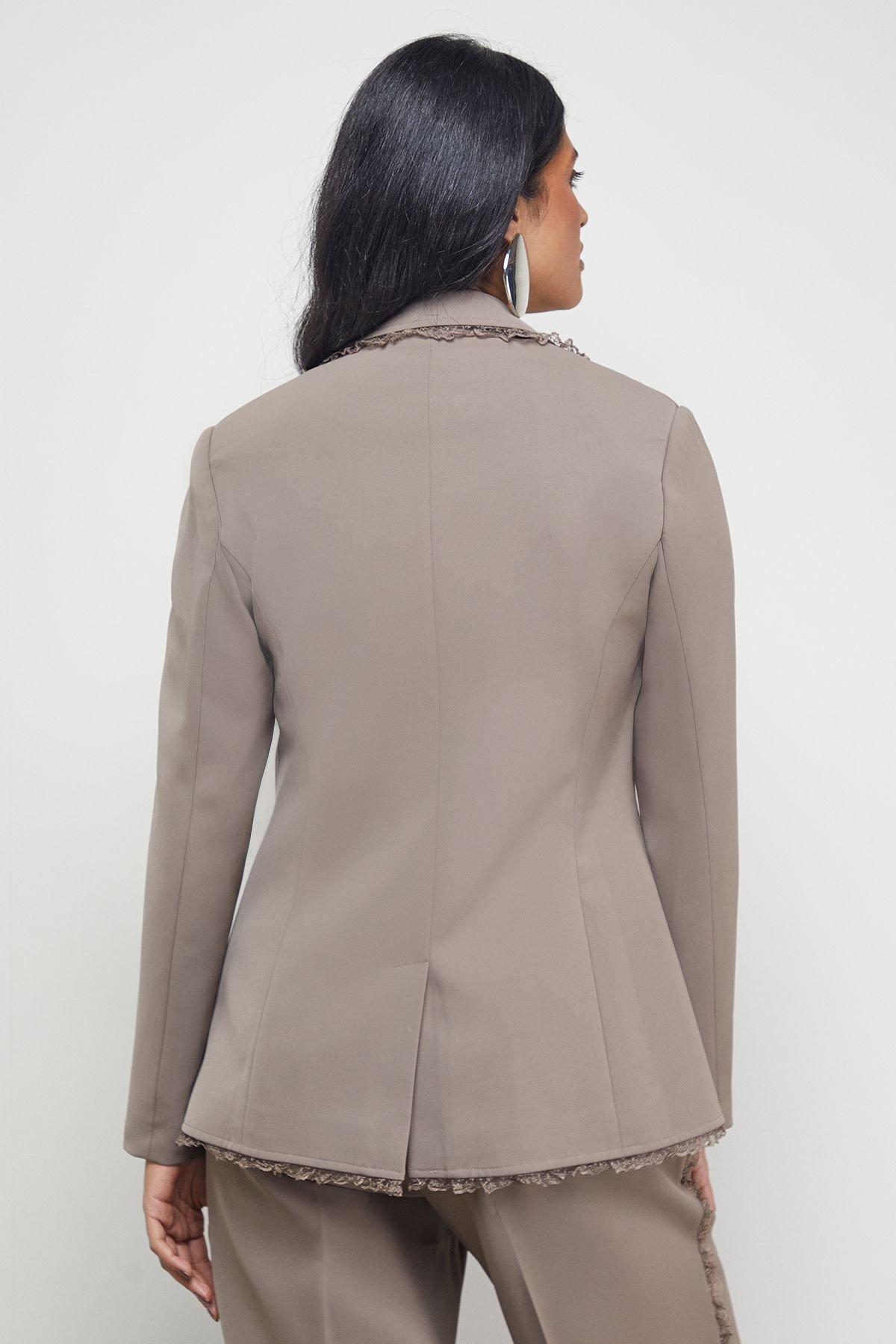 Warehouse Warehouse Women's Oversized Lace Frill Trim Single Breasted Blazer in Mocha - 3