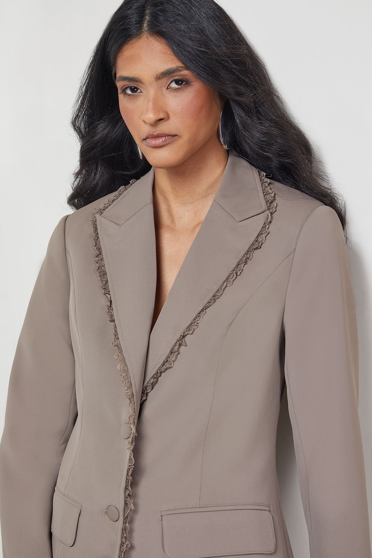 Warehouse Warehouse Women's Oversized Lace Frill Trim Single Breasted Blazer in Mocha - 4