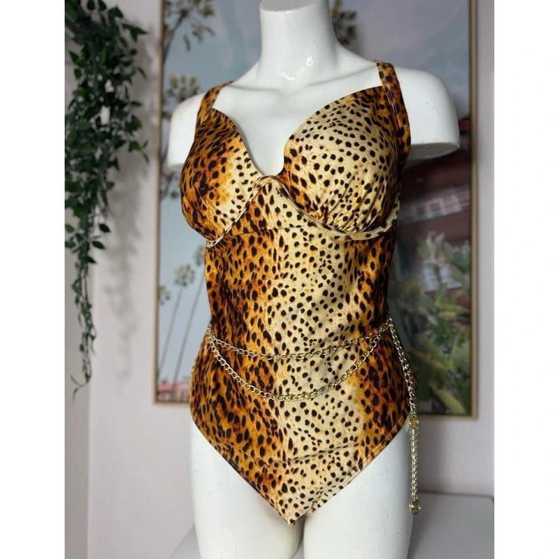 River Island Plus Leopard Print One-Piece Swimsuit Gold Chain