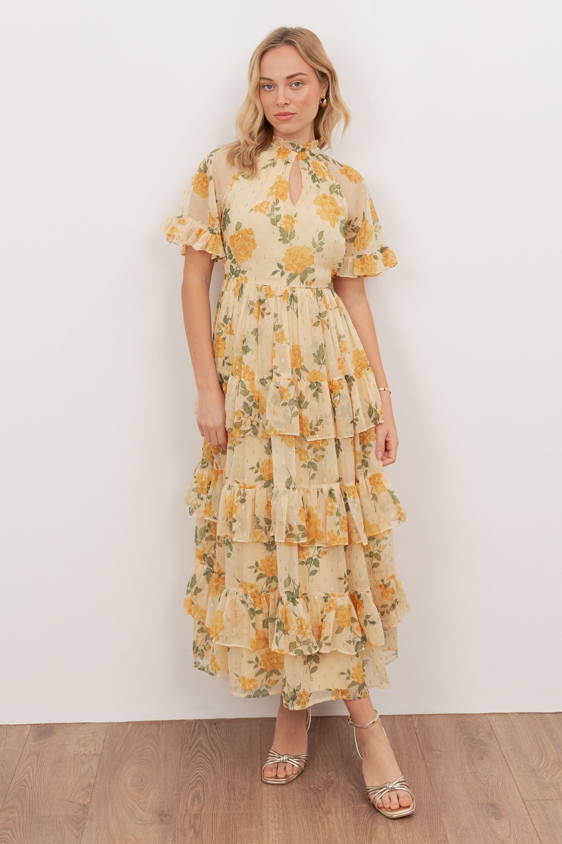 Anaya with Love Anaya with Love Women's Floral Print Short Sleeve Tiered Midaxi Dress in Yellow