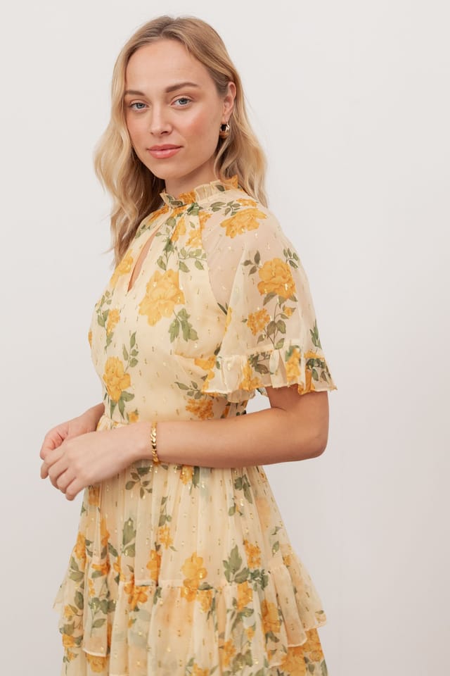 Anaya with Love Anaya with Love Women's Floral Print Short Sleeve Tiered Midaxi Dress in Yellow - 3