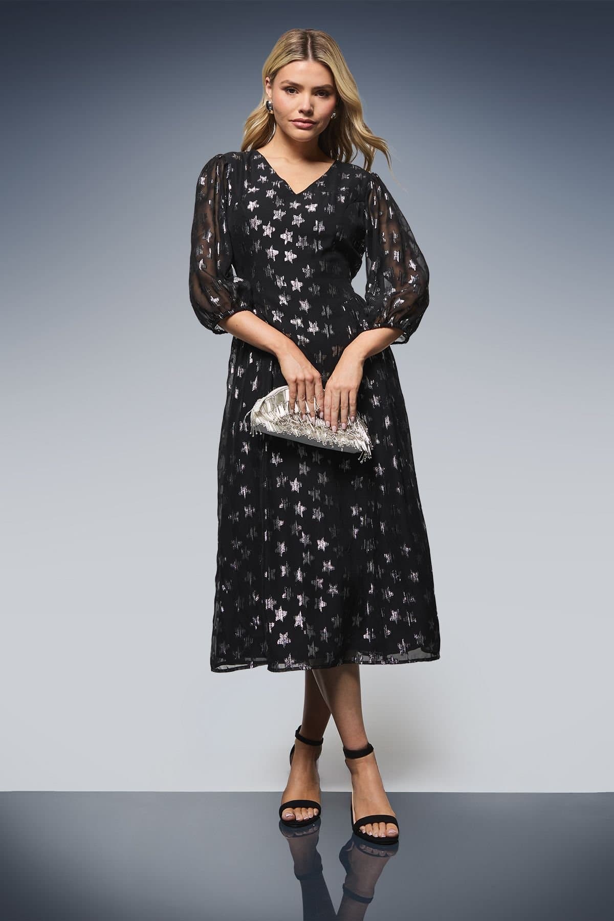 Dorothy Perkins Dorothy Perkins Women's DP Luxe Star Jacquard V Neck Blouson Sleeve Midi Dress in Black