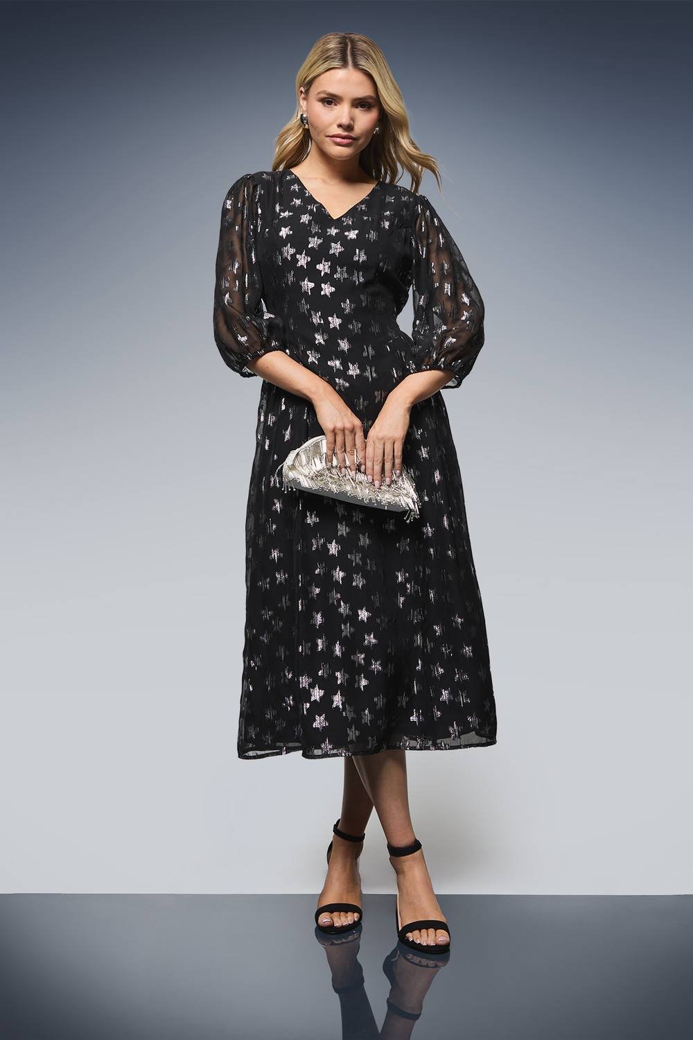 Dorothy Perkins Dorothy Perkins Women's DP Luxe Star Jacquard V Neck Blouson Sleeve Midi Dress in Black - 2