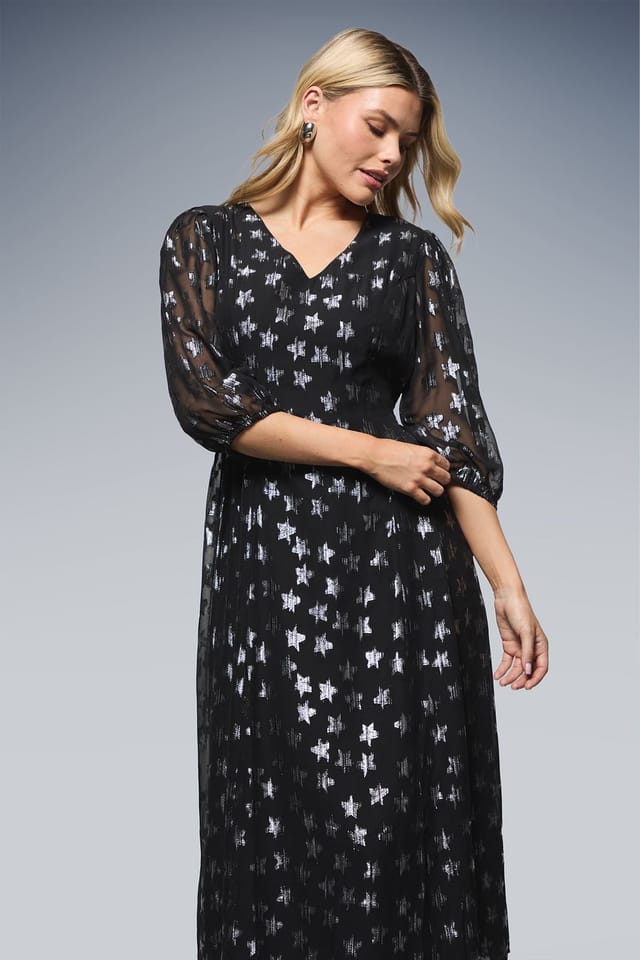 Dorothy Perkins Dorothy Perkins Women's DP Luxe Star Jacquard V Neck Blouson Sleeve Midi Dress in Black - 2
