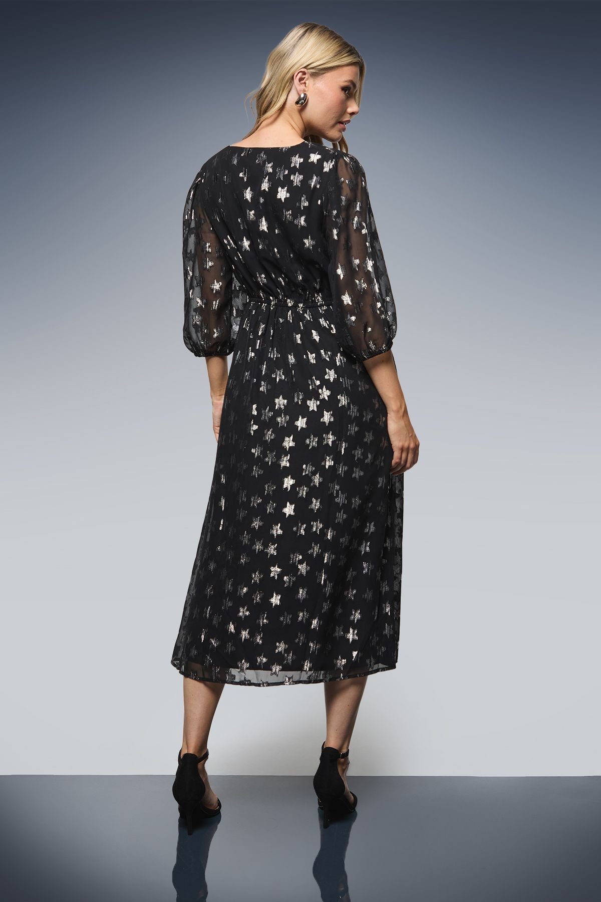 Dorothy Perkins Dorothy Perkins Women's DP Luxe Star Jacquard V Neck Blouson Sleeve Midi Dress in Black - 3