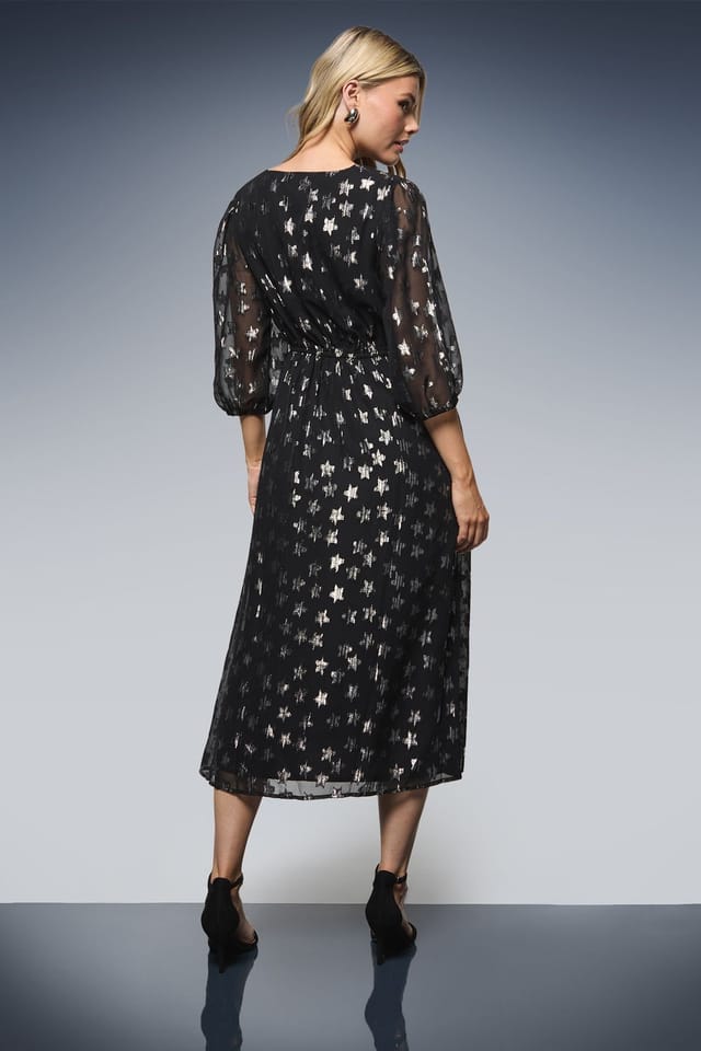 Dorothy Perkins Dorothy Perkins Women's DP Luxe Star Jacquard V Neck Blouson Sleeve Midi Dress in Black - 3