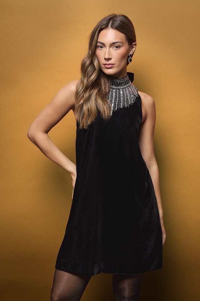 Coast Coast Women's Embellished High Neck Bow Detail Velvet Mini Dress in Black - 2