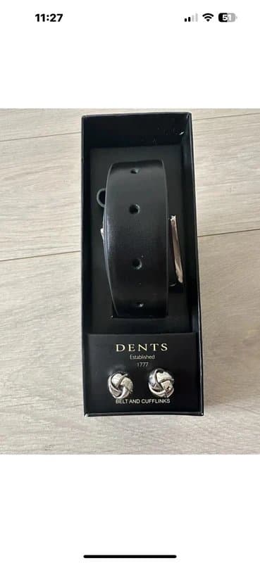 Dents Dents Black Leather Belt & Silver Cufflinks BNIB