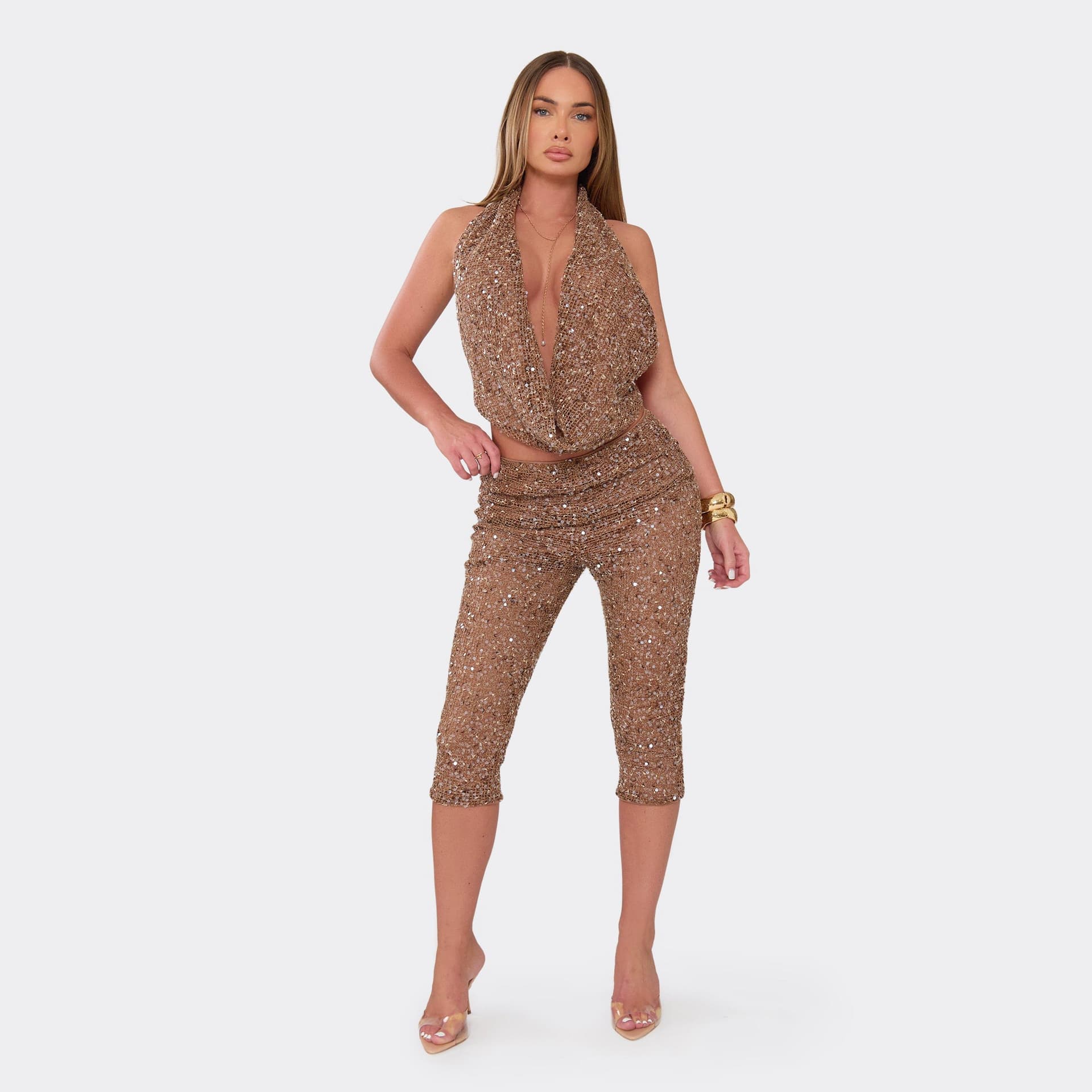 EGO Cowl Neck Top And Capri Trouser Co-Ord Set In Brown Sequin, Women's Size UK M