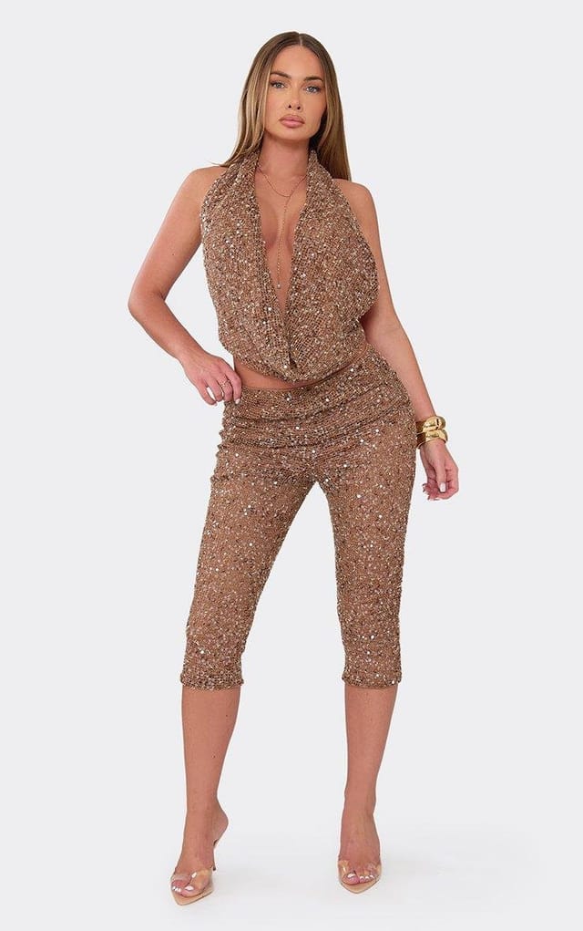 EGO Cowl Neck Top And Capri Trouser Co-Ord Set In Brown Sequin, Women's Size UK M - 2