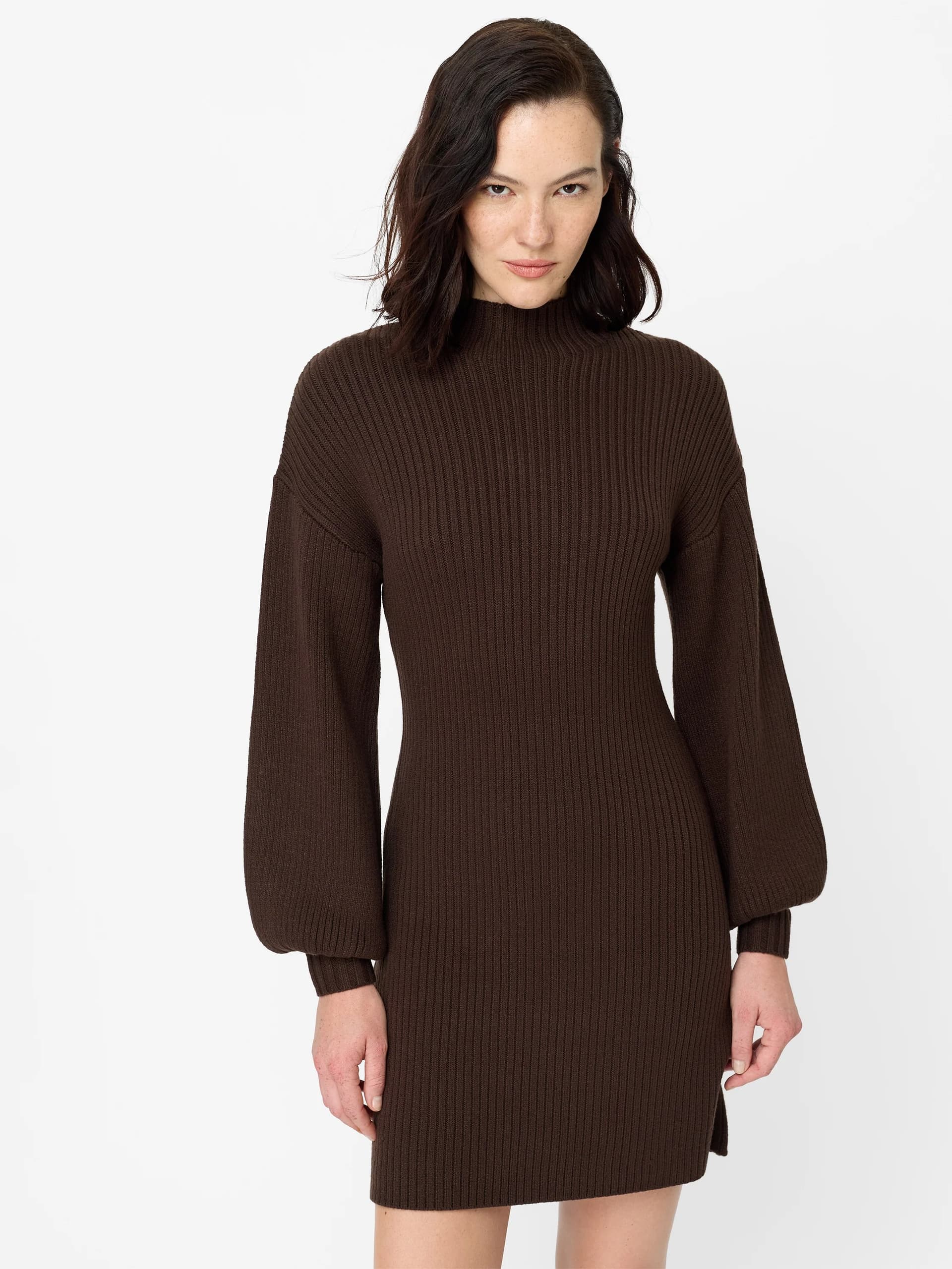 French Connection Myla Babysoft Brown Ribbed Knit Mini Dress Bitter Chocolate