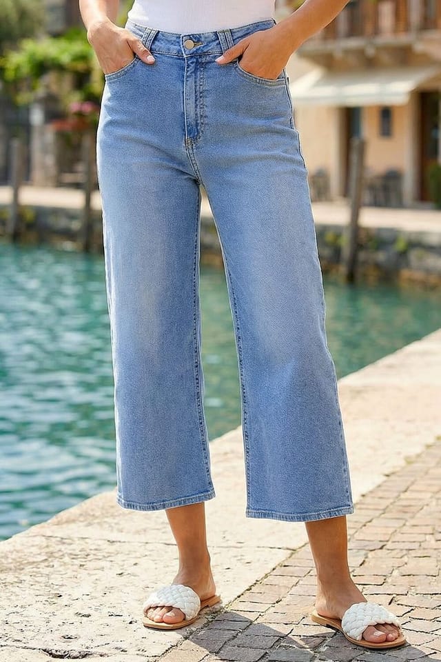 Dusk Dusk Women's Denim Pocket Detail Wide Leg Culotte in Blue - 2