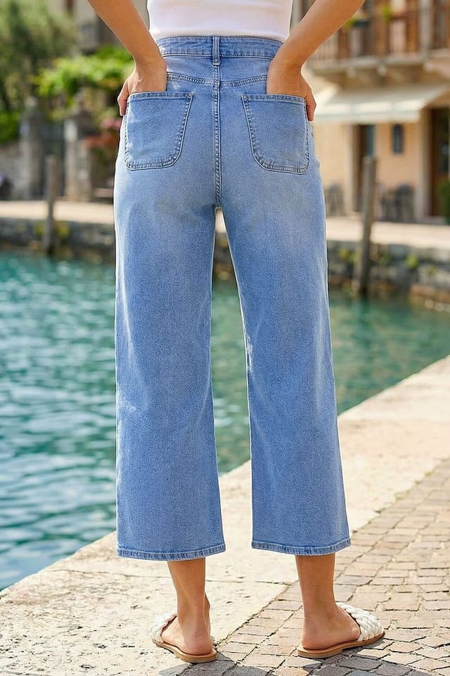 Dusk Dusk Women's Denim Pocket Detail Wide Leg Culotte in Blue - 3