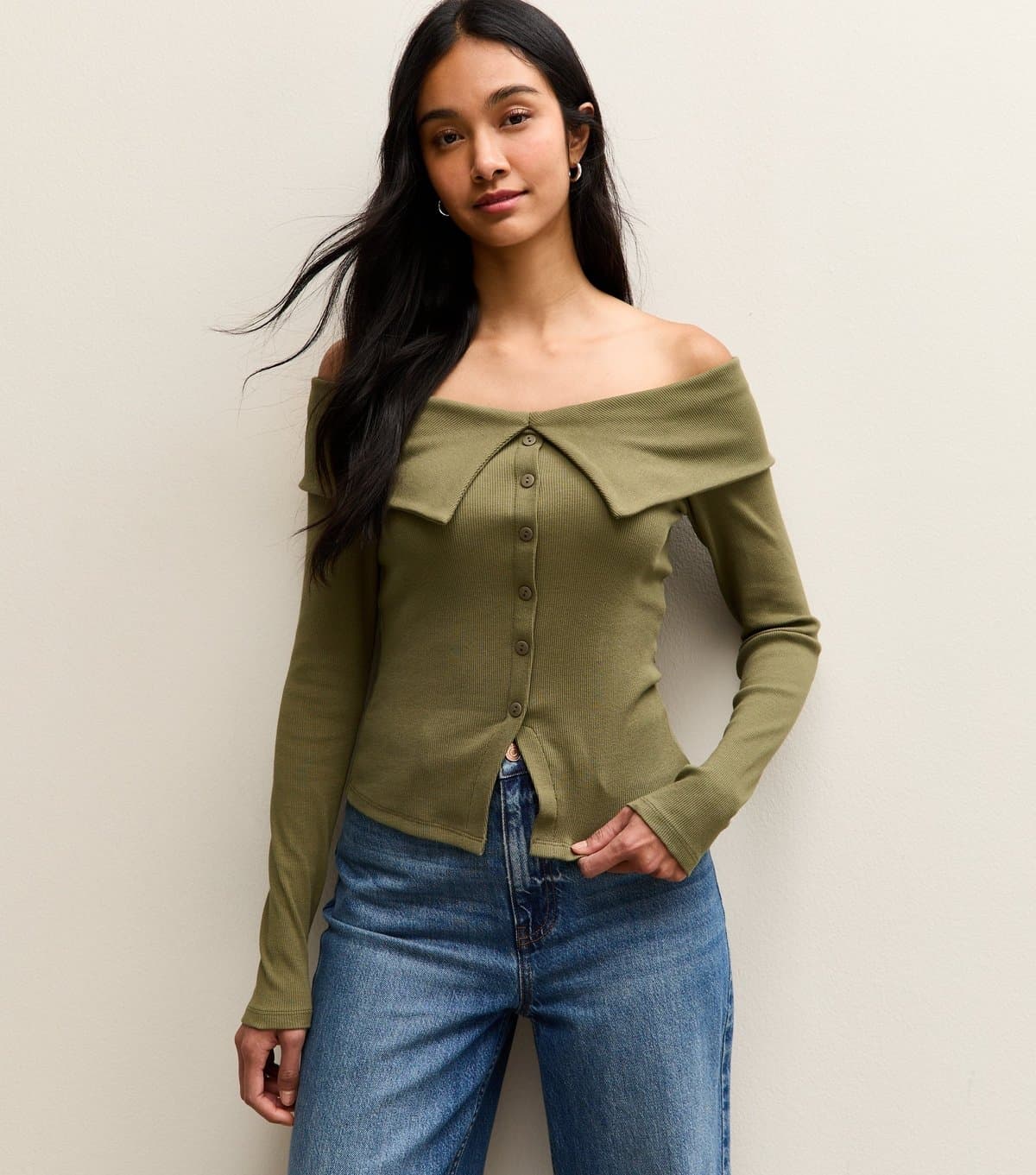 New Look Women's Dark Khaki Folded Bardot Neck Button Up Top New Look