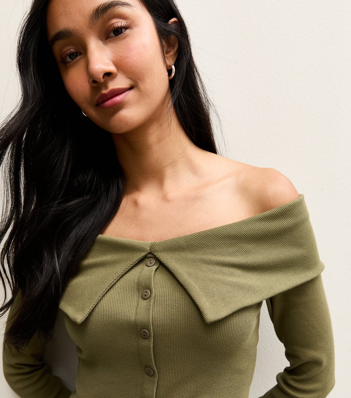 New Look Women's Dark Khaki Folded Bardot Neck Button Up Top New Look - 2